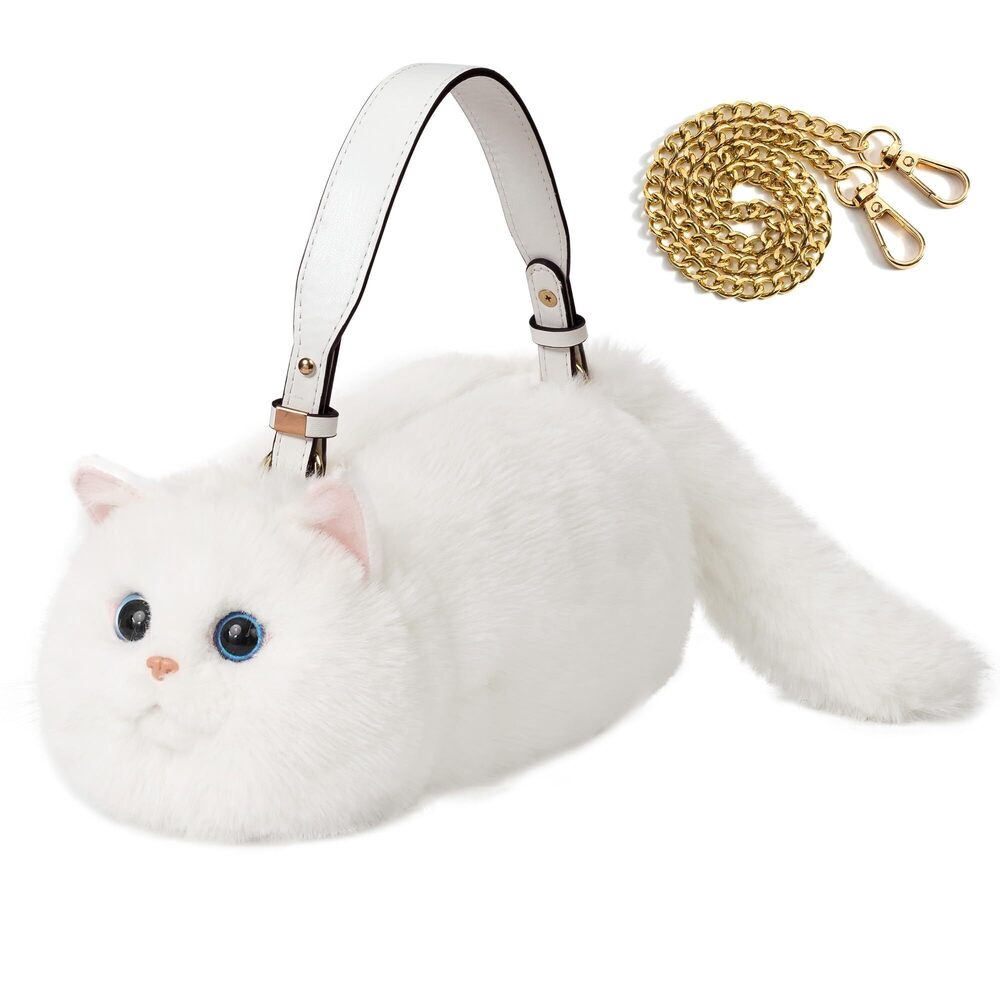 4925 Realistic Puffy Plushed Cat Shaped Crossbody Handbag with Adjustable